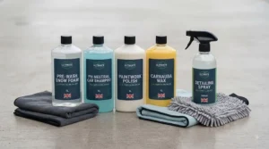 A dedicated range of separate car cleaning products including pre-wash, dedicated car shampoo, paintwork polish, and liquid car wax.