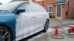 Thick automotive snow foam clinging to the bodywork of a hatchback during the initial safe wash stage.