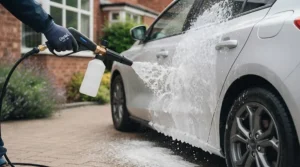 Thick snow foam covering a muddy car applied via a budget pressure washer snow foam lance.