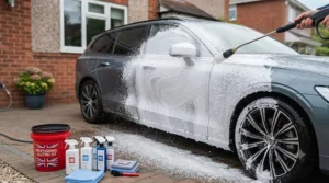 Applying thick snow foam to a silver hatchback using a pressure washer lance as the first step of a safe home valeting routine.