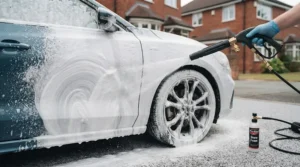 Snow foam being applied to a car using a pressure washer lance as a pre-wash step.
