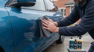 A car enthusiast using a microfibre cloth to buff bodywork, showcasing the detailed stages of separate wash and wax treatments.