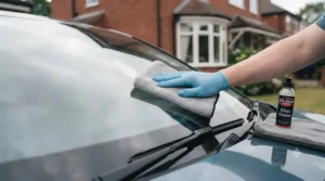 Glass cleaner spray and waffle weave cloth cleaning a car windscreen for clear visibility.