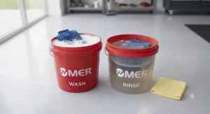 Two wash buckets with grit guards being used alongside a wash mitt for a safe, scratch-free beginner car wash.
