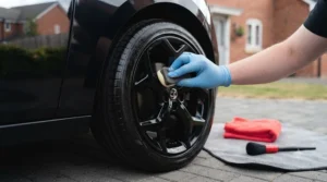 Applying satin tyre dressing and trim restorer to complete the exterior detailing of a black car.