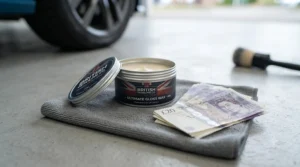 A tin of high-value car wax under £20 showcasing affordable car care for UK motorists.