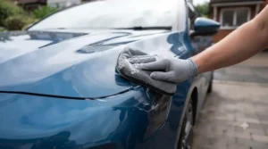 Applying liquid car wax with a microfibre pad for a smooth, glossy finish