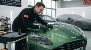 A professional detailer, wearing branded workwear and gloves, carefully applies a ceramic coating using an applicator pad to the highly polished bonnet of the new green Aston Martin.