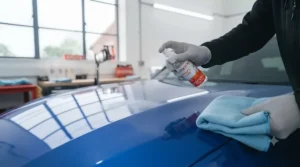 Spraying panel wipe onto a car panel to remove residual polishing oils and check for remaining paint defects.