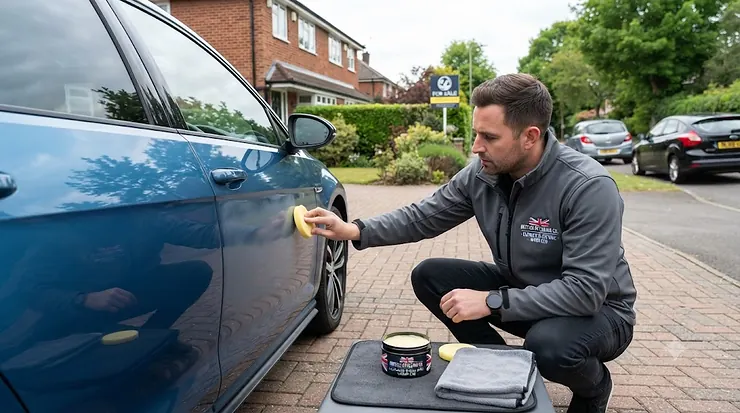 Best car wax under £20 for a glossy paint finish on a car parked on a British driveway. car wax under £20