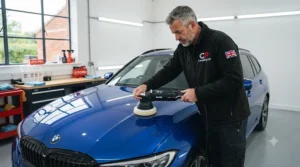 Professional detailing expert applying the best cutting compound for car paint correction on a modern vehicle's gloss black paintwork in a UK garage.
