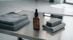 A neatly arranged Gtechniq ceramic coating application kit, including the product bottle, microfibre applicator, and buffing cloths, resting on a stainless steel surface in the detailing studio.