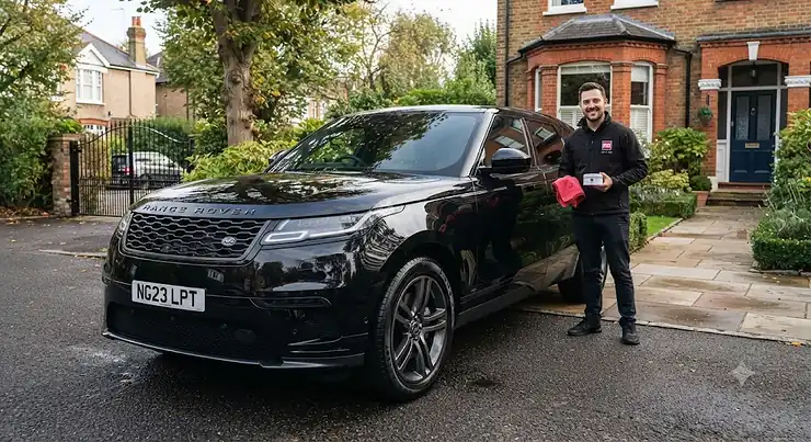 Gleaming black Range Rover Velar (registration NG23 LPT) parked on a wet British driveway, reflecting a traditional red-brick house and autumn trees, with a professional detailer holding a wax tin and microfiche cloth. paste wax for black cars