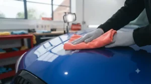 Detailer using a plush microfibre cloth to buff off dry cutting compound residue from a freshly corrected car wing.