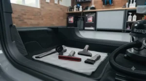 A variety of specialist vacuum tools, including crevice tools and brushes, laid out neatly on a grey microfiber towel inside a car footwell, ready for detailing.