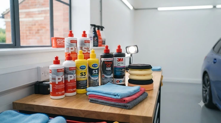 Selection of automotive cutting and polishing compound bottles neatly arranged on a workshop workbench alongside microfibre cloths. cutting compound for car paint correction