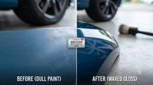 Before and after comparison of car paint restored using a budget car wax under £20.