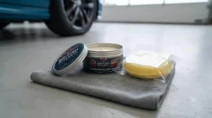 Car wax tub bundled with a foam applicator pad and microfibre cloth for under £20.