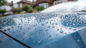 Water beading tightly on car paint demonstrating long-lasting wax protection