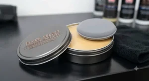 A close-up product shot of an open metal tin of premium 'Black Velvet' carnauba paste wax, showing the golden-yellow wax, with a clean grey foam applicator pad resting on the surface, placed on a workshop bench.