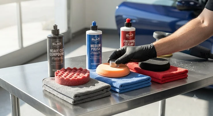 Selection of professional polishing bottles and microfibre cloths used to restore car paintwork. car polish for swirl marks