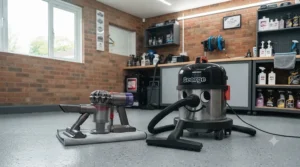 A side-by-side comparison in a garage workshop showing a compact handheld Dyson vacuum on a cloth versus the larger, heavy-duty Numatic George drum vacuum with its hose extended.