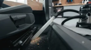 A long, narrow crevice tool attached to the vacuum hose being used to extract dust and crumbs from the tight space between a car seat runner and the centre console.