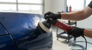 Using a dual action machine polisher with a foam pad to buff out paint swirl marks.
