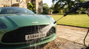 A gloved hand using a pressure washer to rinse light dust and dirt off the coated Aston Martin, illustrating the ease of maintenance and cleaning.