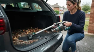 Using a high-suction car vacuum to clean autumn leaves and dirt out of a car boot