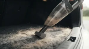 Powerful handheld car vacuum removing dog hair from car upholstery as part of daily use maintenance.