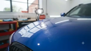 Close-up view of car paintwork under inspection lighting, clearly showing swirl marks and light scratches ready for correction.