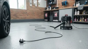 The Numatic George vacuum sitting at the back of a clean garage, with its long black power cable fully extended across the floor towards the wheel of a car, showing extended reach.