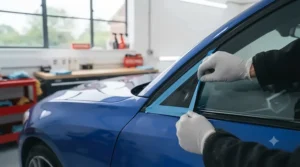 Automotive masking tape applied to rubber window seals and plastic trim to protect them during car paint correction.