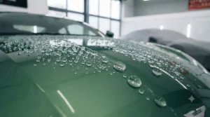 Close-up view of the ceramic-coated Aston Martin bonnet, demonstrating extreme hydrophobic properties with perfectly formed, spherical water beads.
