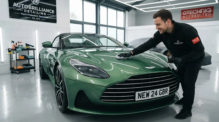 A gleaming new British Racing Green Aston Martin DB12 receiving a professional ceramic paint protection application inside a modern, pristine UK detailing studio. paint protection product for new cars