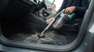 Specialised motorised brush tool lifting embedded pet hair from car floor mats