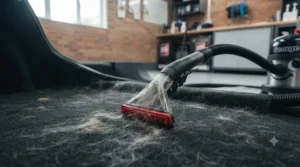 A dedicated rubber-bristled pet hair removal brush attached to the vacuum hose actively lifting embedded dog fur from the dark carpet of a car boot.