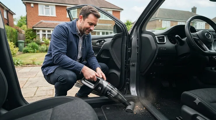 Sleek portable car vacuum cleaning a modern car boot interior, demonstrating powerful suction for daily use in the UK. portable car vacuum for daily use