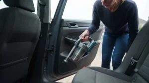 A lightweight, compact car vacuum cleaner stored neatly in a vehicle door pocket