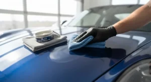 Applying protective wax coating to car paint after removing swirl marks to maintain the shine.