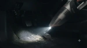 Rechargeable car vacuum featuring a built-in LED torch illuminating a dark footwell during evening cleaning.