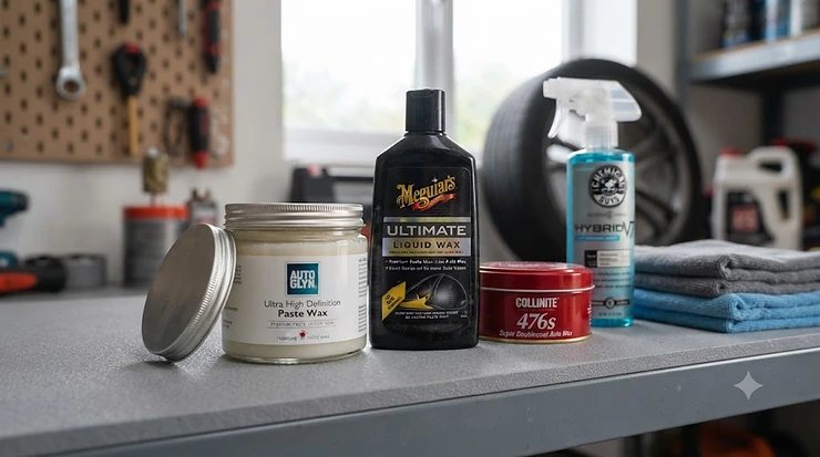 Selection of liquid and paste car wax bottles and tubs stored in a garage liquid wax vs paste wax for cars