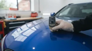 Detailer using a digital paint depth gauge on a car bonnet to measure clear coat thickness prior to machine polishing.