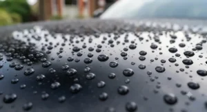 Macro photograph of the deep black metallic paintwork of the Range Rover Velar, showing perfect, tight spherical water beading caused by a fresh paste wax application, with subtle reflections of the overcast British sky.