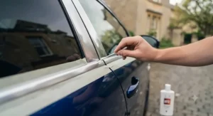 Rainwater beading on a car surface protected by a durable all-in-one polish and wax treatment.