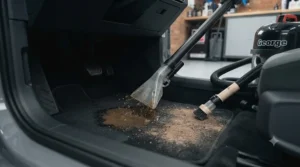 The clear extraction tool of the Numatic George vacuum removing a wet, muddy spill and dry debris simultaneously from a car's carpeted floor mat.