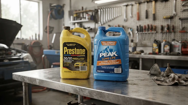 Comparison of antifreeze concentrate vs premixed coolant bottles displayed on a garage shelf