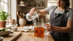 A motorist exploring antifreeze concentrate vs premixed options while diluting coolant in a measuring jug