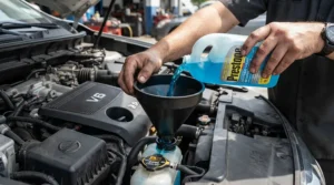 Demonstrating antifreeze concentrate vs premixed preparation by pouring fluid into a car engine bay